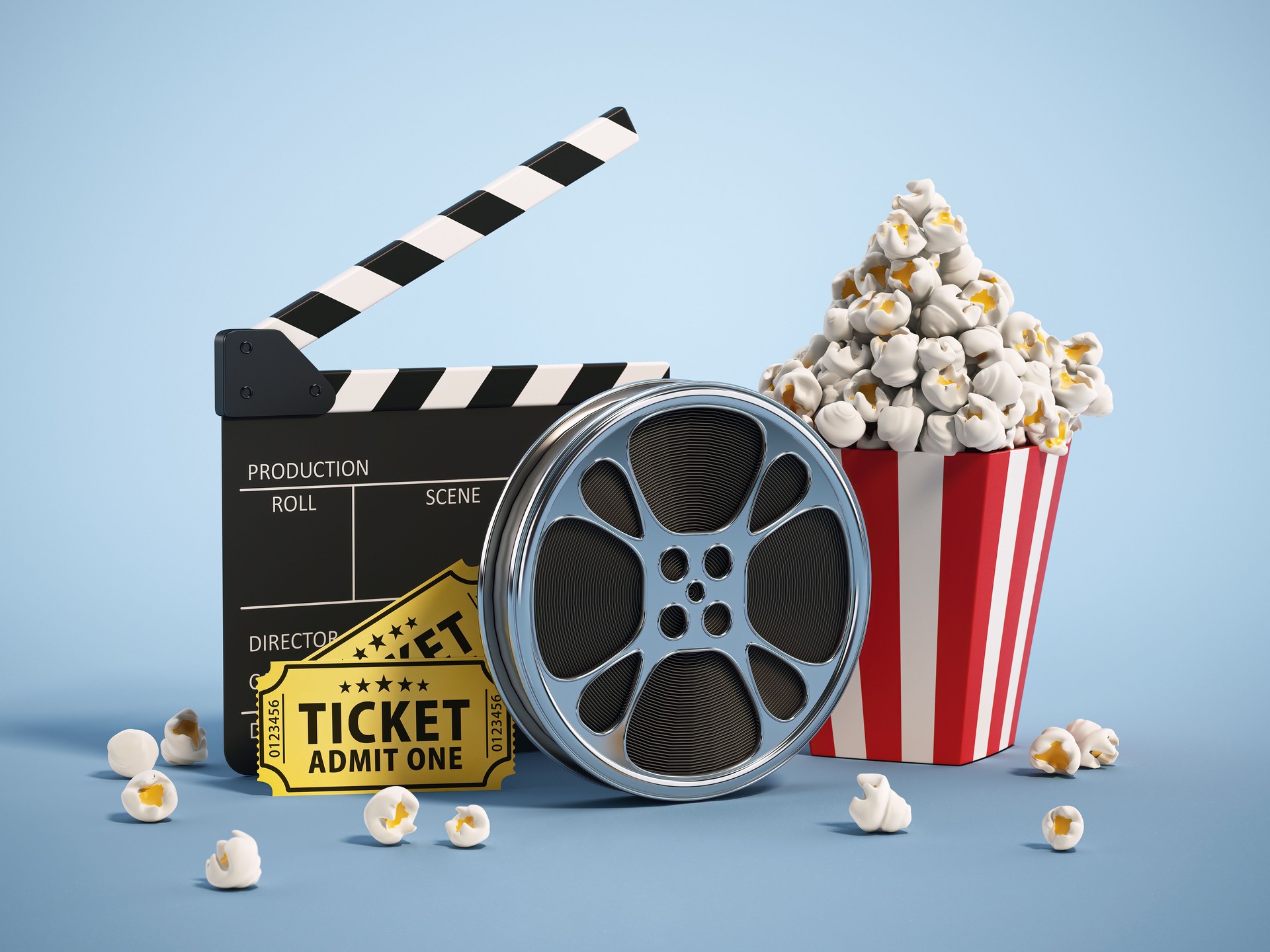 Classic Movie Night Essentials With Clapperboard, Popcorn, and Film Reel on Blue Background