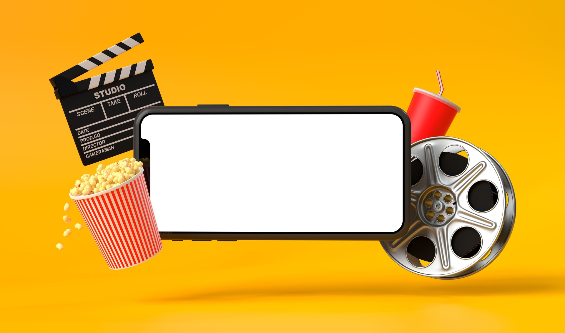 Smartphone blank screen with popcorn, film strip, clapperboard and drink on yellow background